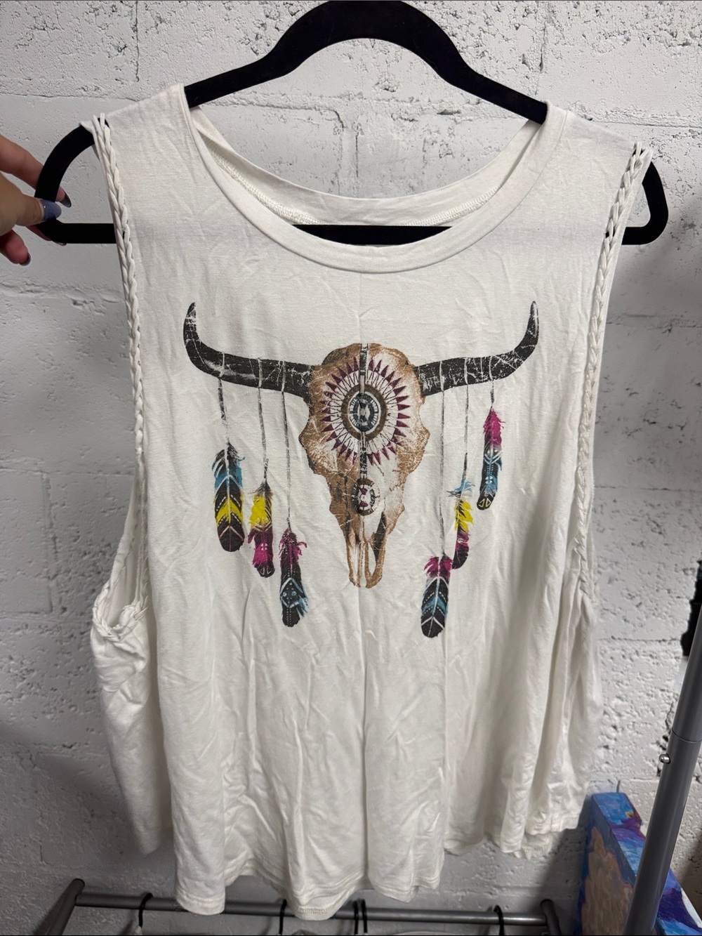 Boho Skull & Feathers Graphic Tank Top - White SURF GYPSY Size Large